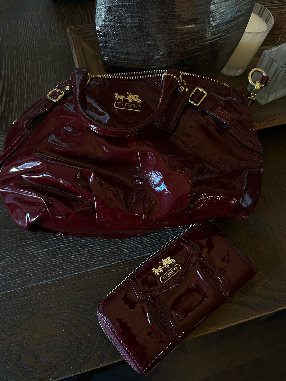 Coach Patent Leather Satchel and Wallet in Deep Burgundy